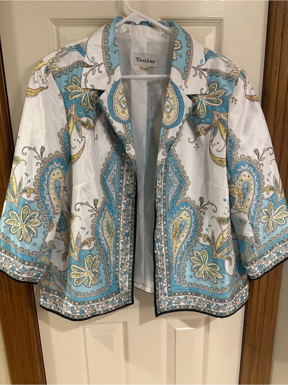TanJay White, Aqua & Yellow Paisley Open-Front Jacket